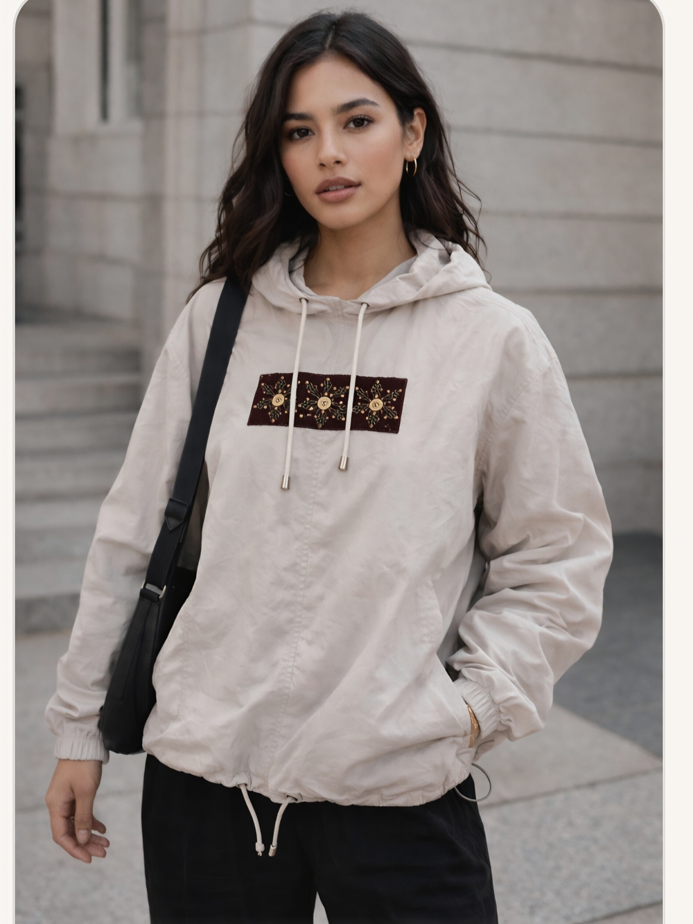 Christopher & Banks Cream Hooded Pullover with Embroidered Chest Panel